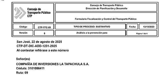 CTP da resolución sobre queja de una usuaria en servicio de transporte público de ruta 09 Escazú-Santa Ana
