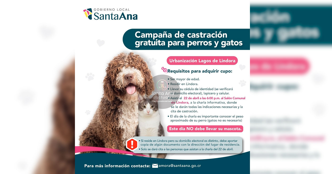 Municipalidad impulsa campaña gratuita de castración para perros y gatos en Lindora