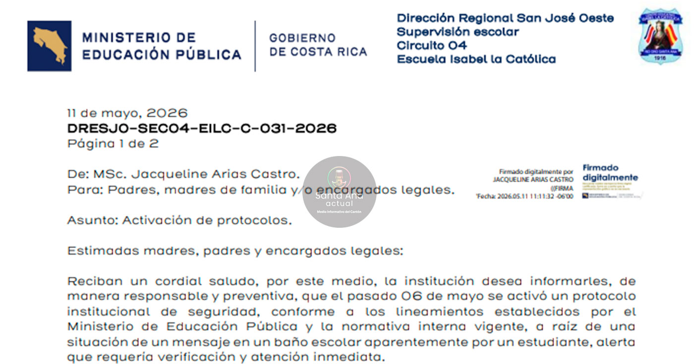 Circular de Escuela Isabel La Católica confirma activación de protocolos el pasado 6 de mayo